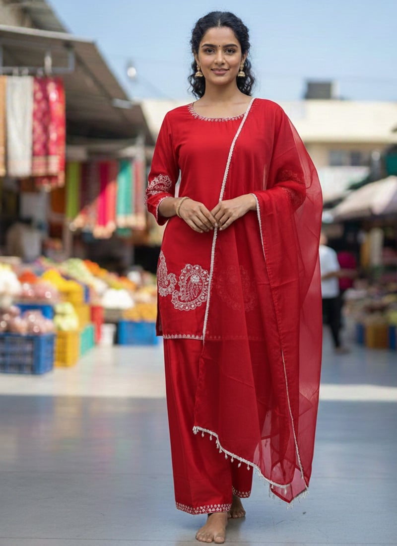 Red Crepe Sequins Embroidered Thread Palazzo Suit Festive Wear