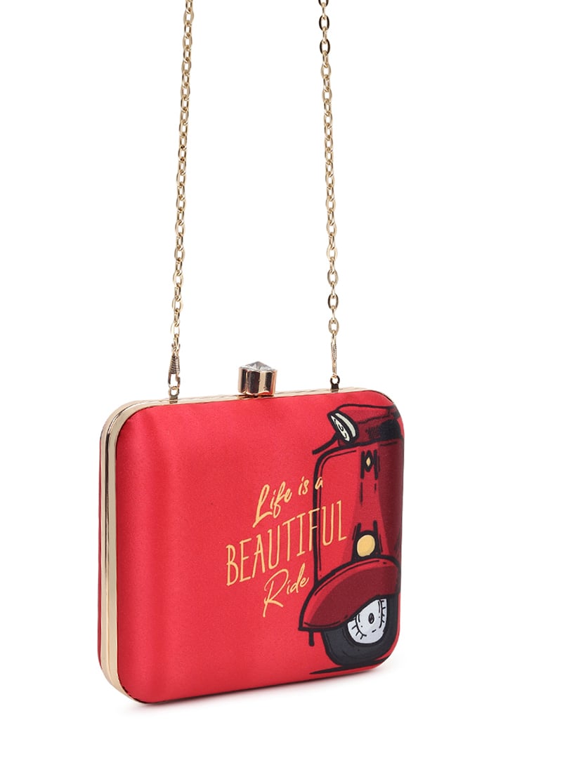 Red Crepe Silk Digital Print Clutch Wedding Wear