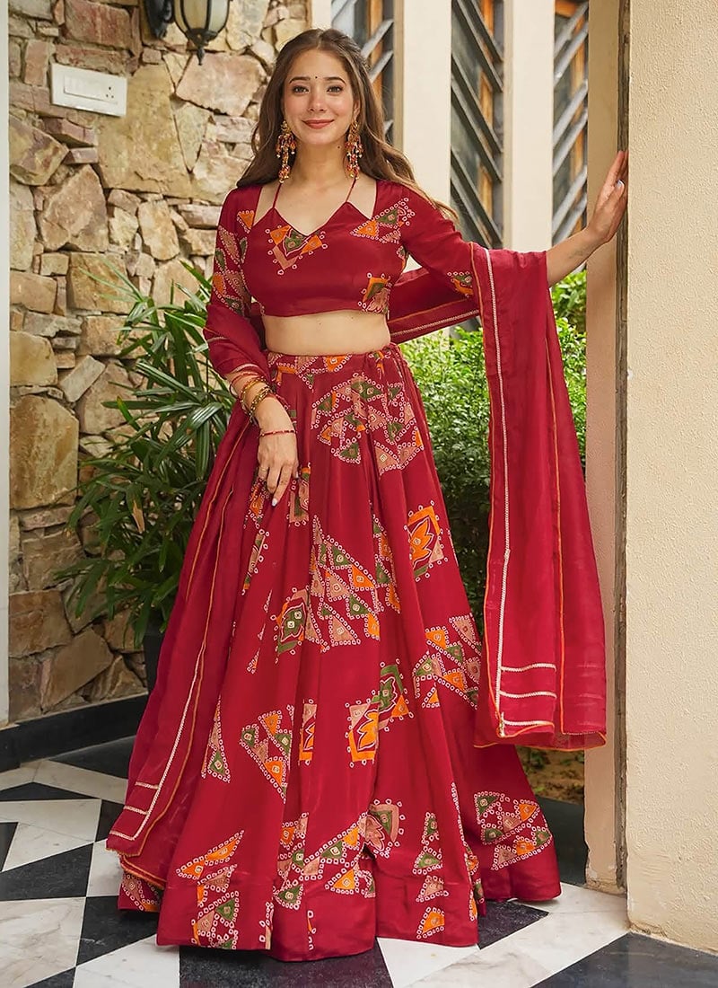 Red Crepe Silk Digital Print Lehenga Festive Wear