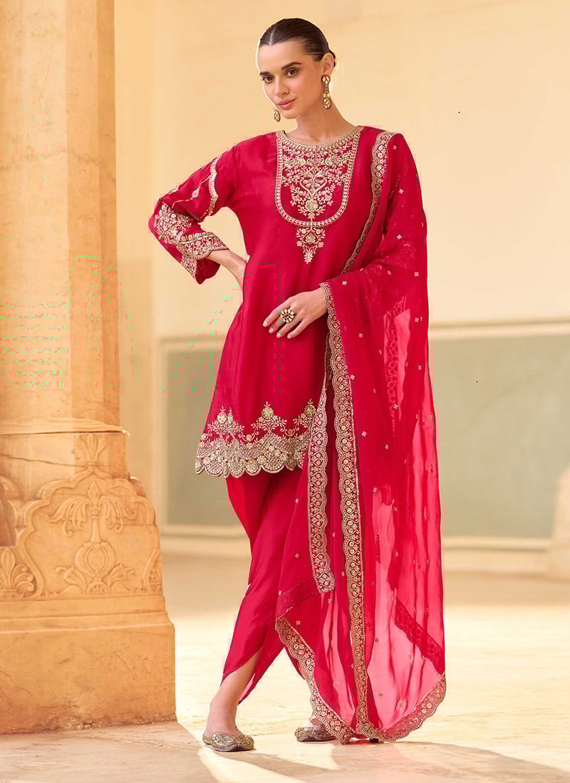 Red Crepe Silk Embroidered Sequins Gorgeous Dhoti Suit Festive Wear