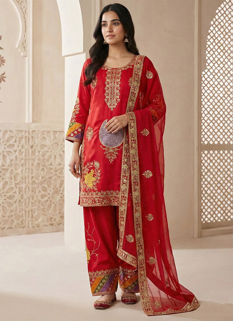 Red Crepe Silk Embroidered Sequins Straight Pant Suit Festive Wear