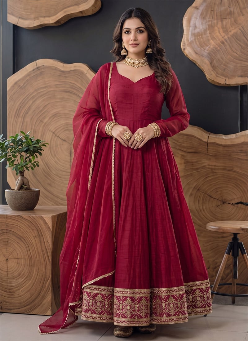 Red Crunchy Silk Embroidered Anarkali Pant Suit Festive Wear