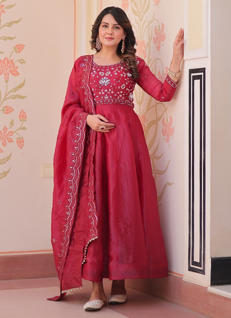 Red Crush Silk Embroidered Beads Work Anarkali Suit Festive Wear