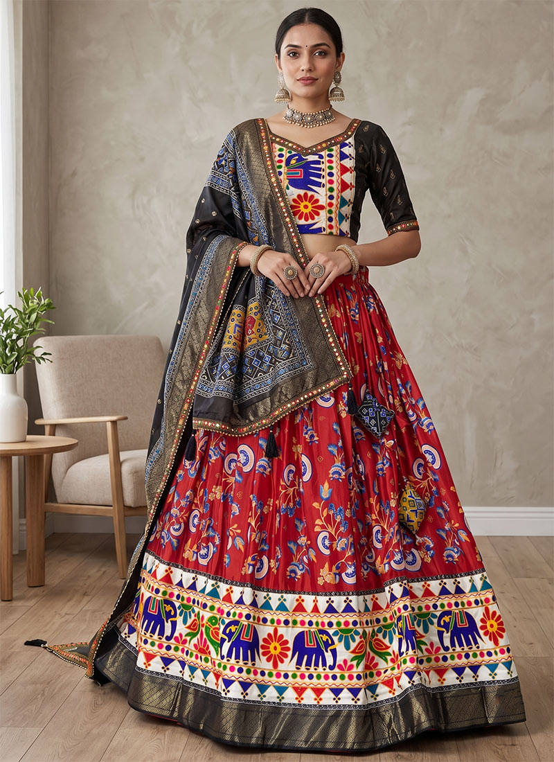 Red Dhola Silk Embroidered Mirror Work Navratri Chaniya Choli Festive Wear