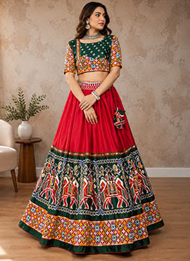 Red Dhola Silk Mirror Work Embroidered Indowestern Chaniya Choli For Navratri