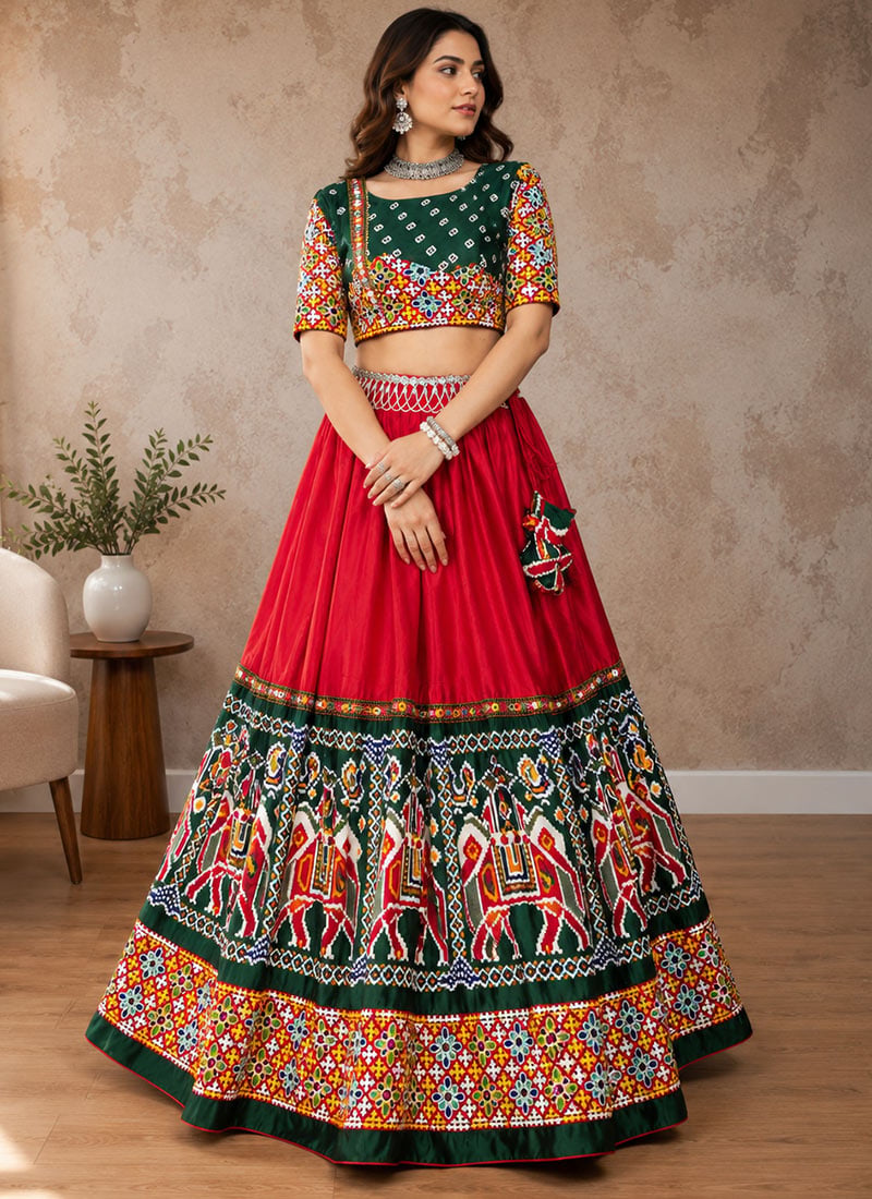 Red Dhola Silk Mirror Work Embroidered Indowestern Chaniya Choli For Navratri Festive Wear