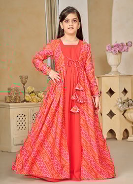 Red Digital Print Faux Georgette Kids Gown