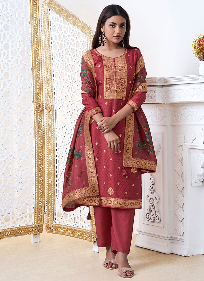 Red Dola Silk Embroidered Jacquard Woven Straight Pant Suit Festive Wear