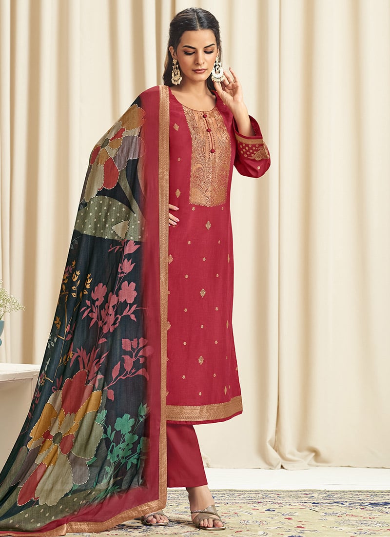 Red Dola Silk Jacquard Digital Print Straight Pant Suit After Six Wear