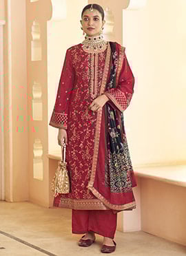 Red Dola Silk Jacquard Embroidered Sequins Straight Pant Suit