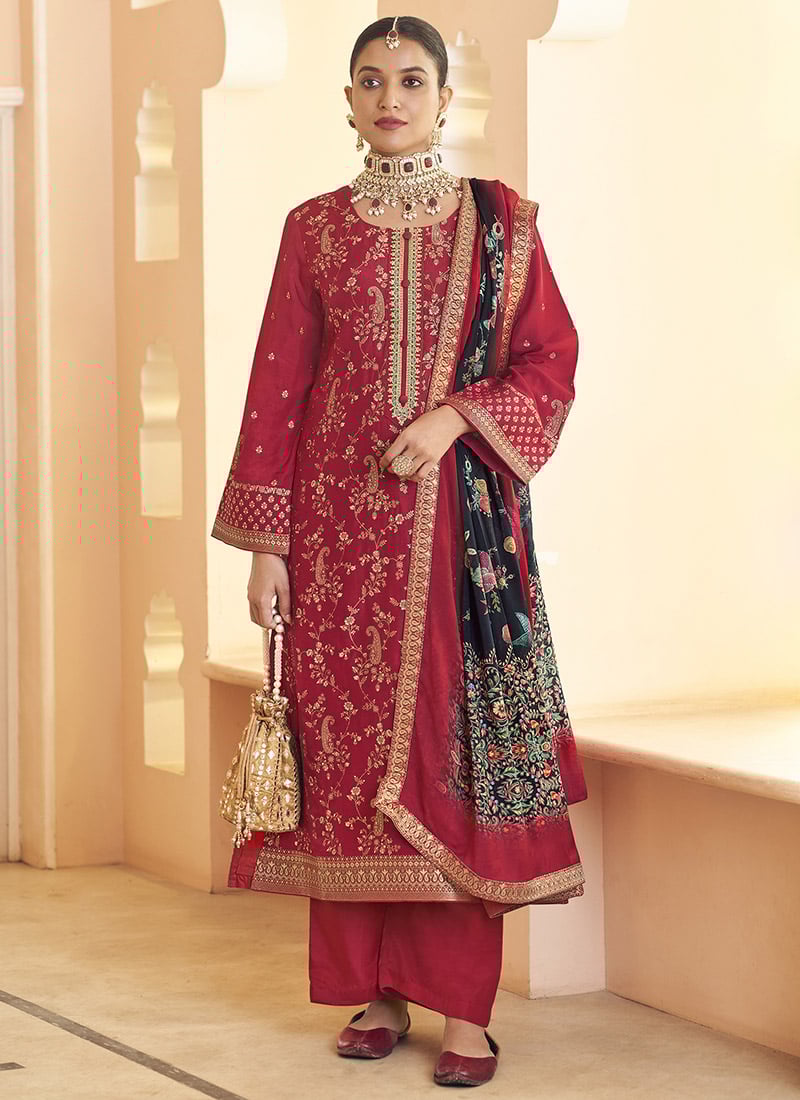Red Dola Silk Jacquard Embroidered Sequins Straight Pant Suit Festive Wear