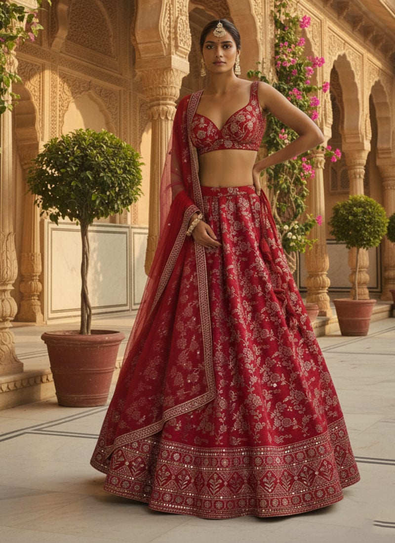 Red Dola Silk Jacquard Sequins Embroidered Lehenga Set Festive Wear
