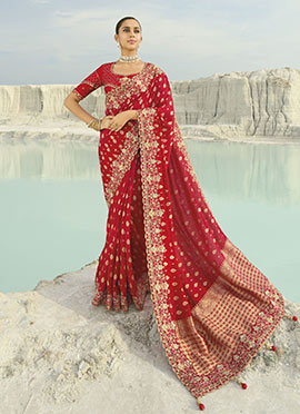 Red Dola Viscose Silk Zari Embroidered Sequins With Moti Work Saree