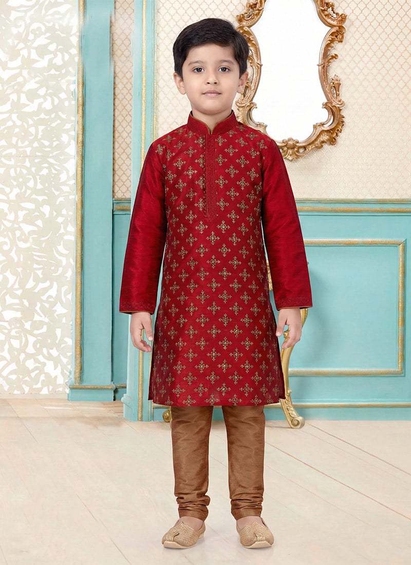 Red Dupion Silk Embroidered Kids Boys Kurta Pyjama Festive Wear