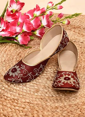 Red Dupion Silk Embroidered Sequins Juti For Women