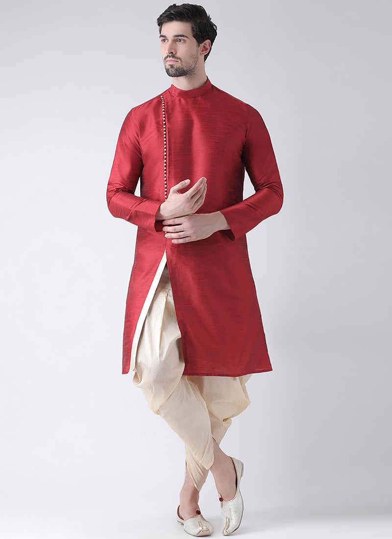 Red Dupion Silk Kurta Dhoti Set Party Wear