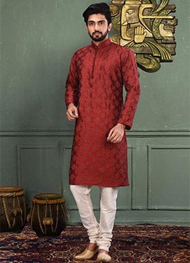 Red Dupion Silk Printed Kurta Pyjama