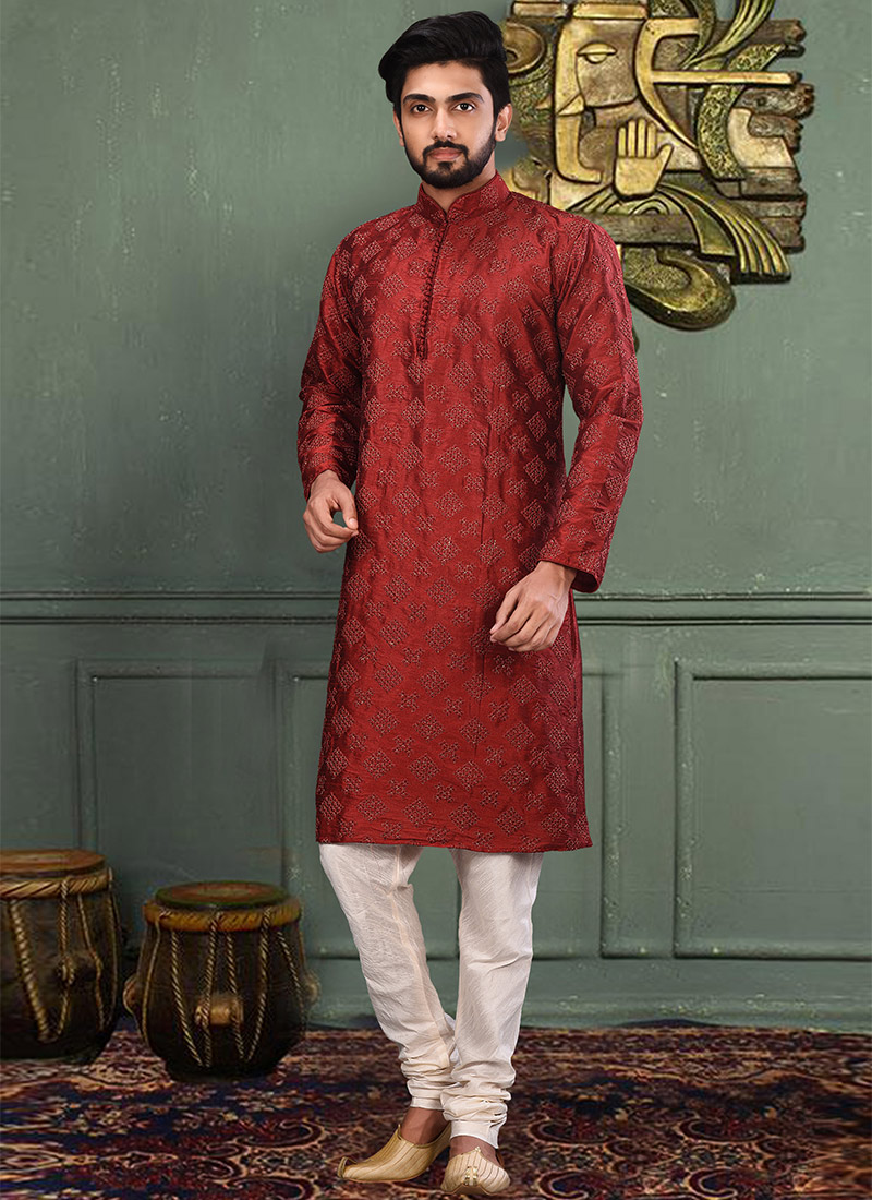 Red Dupion Silk Printed Kurta Pyjama Party Wear