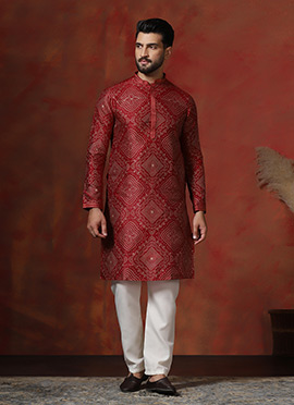 Red Dupion Silk Printed Kurta Pyjama