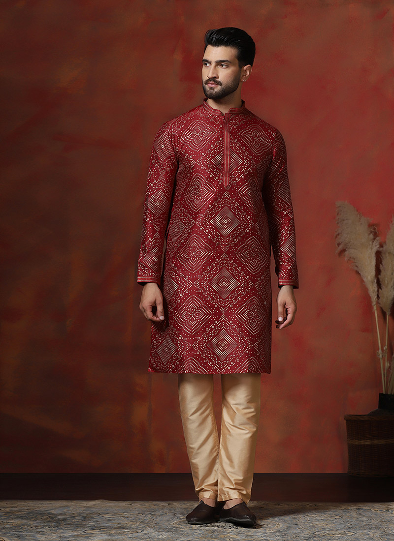Red Dupion Silk Printed Kurta Pyjama Festive Wear