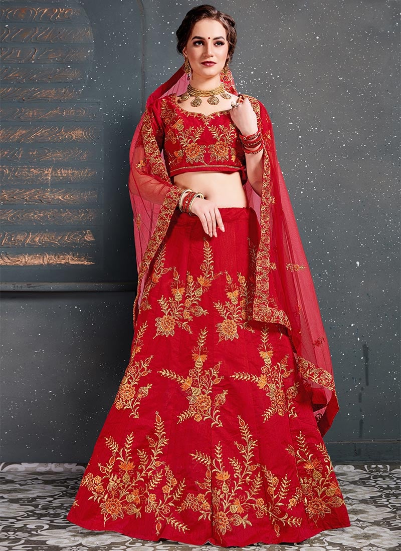 Red Embroidered A Line Lehenga Wedding Wear