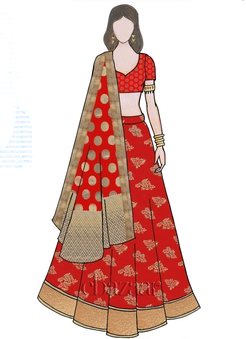 Red Embroidered Art Silk Short Sleeve Lehenga Set Wedding Wear