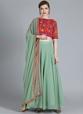 Red Embroidered High Neck Style Lehenga Set