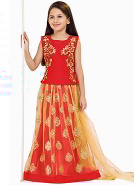 Red Embroidered Kids Lehenga