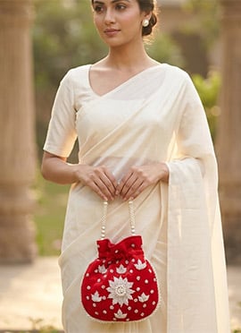 Red Embroidered Potli Bag With Pearl Bead Work