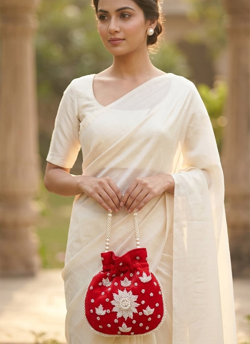 Red Embroidered Potli Bag With Pearl Bead Work