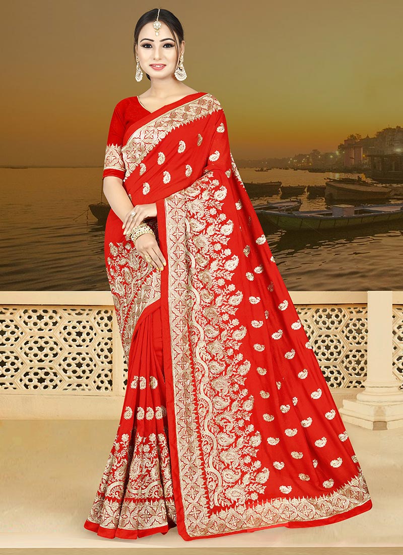 red embroidered saree