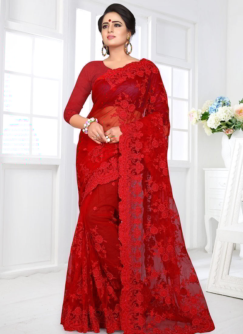 Red Embroidered Saree Party Wear
