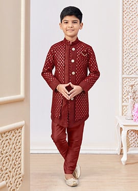 Red Embroidered Sequins Boys Indowestern Sherwani