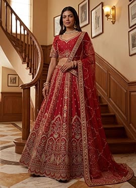 Red Embroidered Sequins Gadhwal Silk Elegant Bridal Lehenga