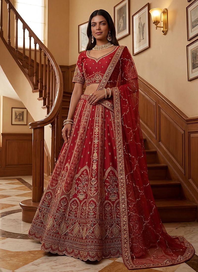 Red Embroidered Sequins Gadhwal Silk Elegant Bridal Lehenga Wedding Wear