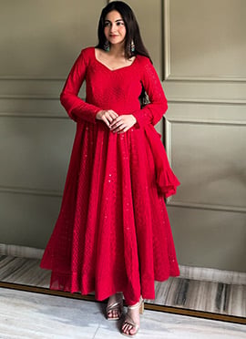 Red Embroidered Sequins Georgette Anarkali Suit