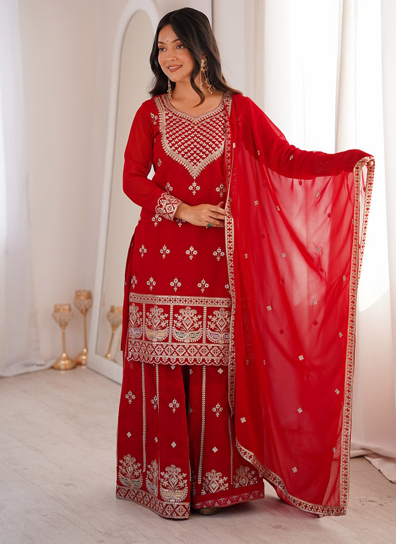 Red Embroidered Sequins Georgette Palazzo Suit Festive Wear