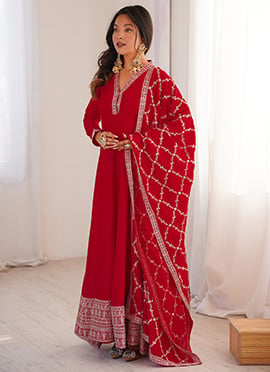 Red Embroidered Sequins Silk Anarkali Suit