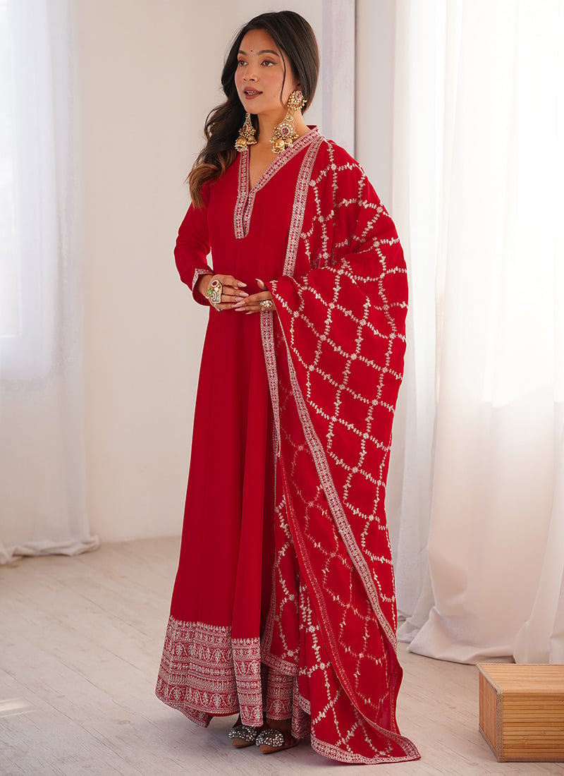 Red Embroidered Sequins Silk Anarkali Suit Festive Wear