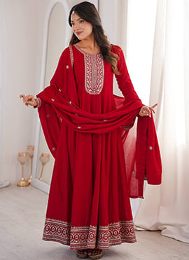 Red Embroidered Sequins Silk Anarkali Suit