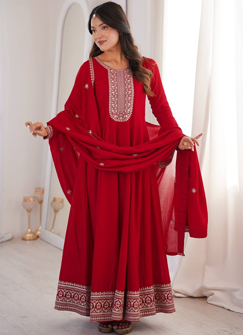 Red Embroidered Sequins Silk Anarkali Suit Festive Wear