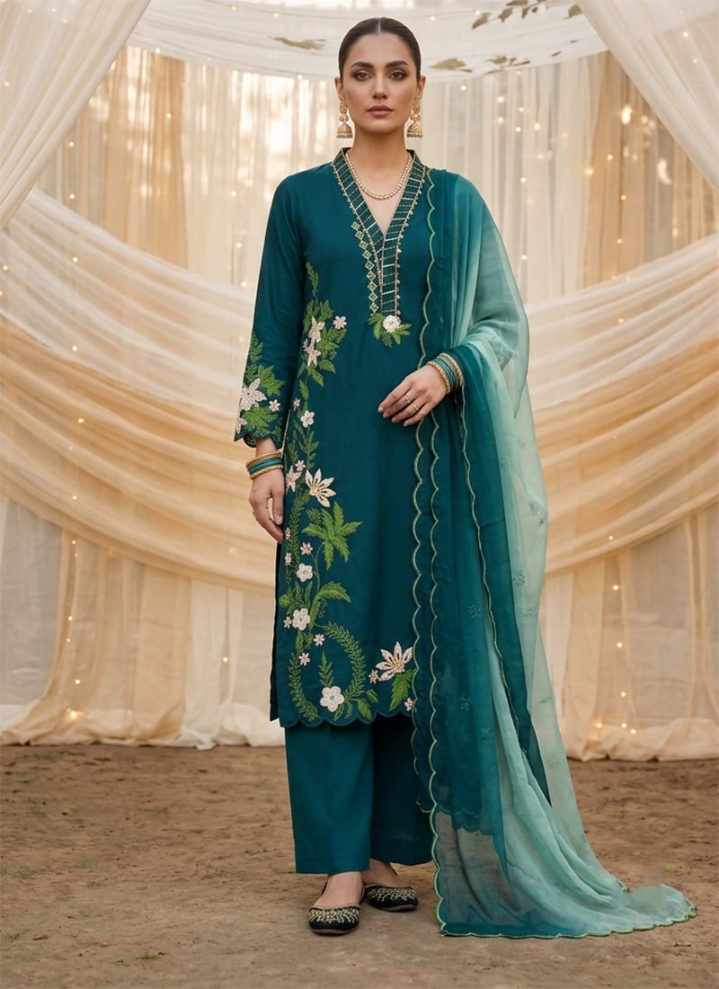 Red Embroidered Silk Palazzo Suit Festive Wear