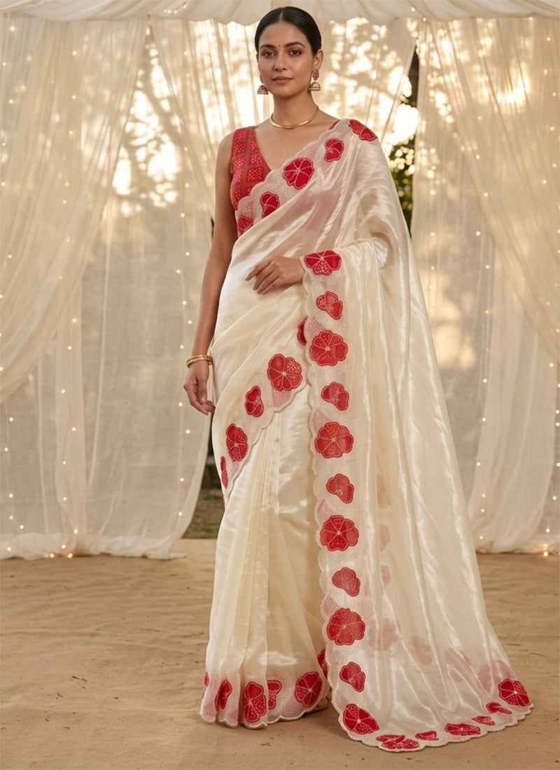 Red Embroidered Silk Saree with Sequin Applique Work Bandhani Blouse Festive Wear