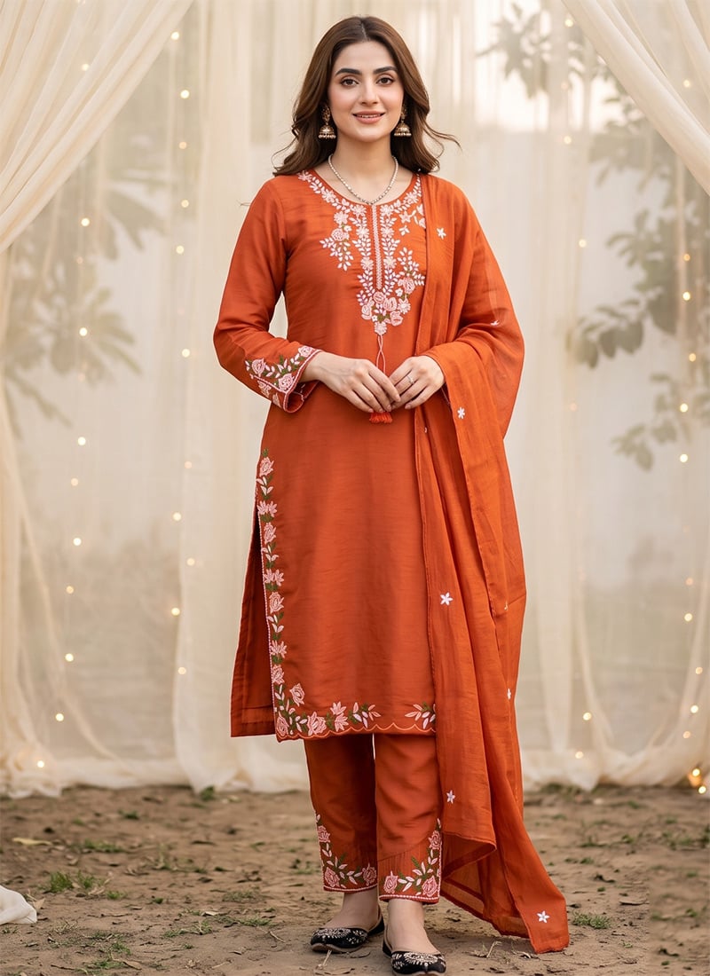 Red Embroidered Vichitra Silk Straight Pant Kurta Set Festive Wear