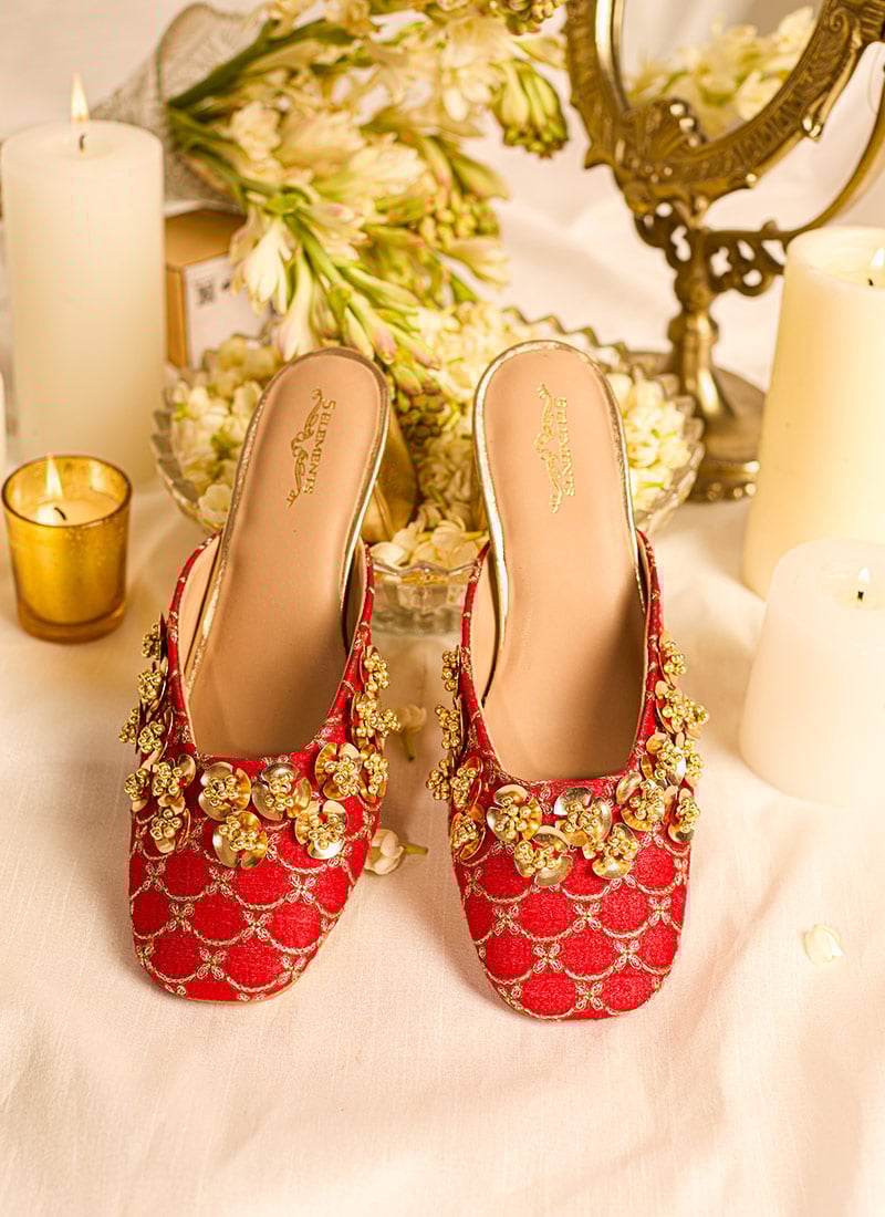 Red Embroidered With Moti Work Heels Juti-WFWD5EMH033