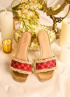 Red Embroidered With Moti Work Slider Heel