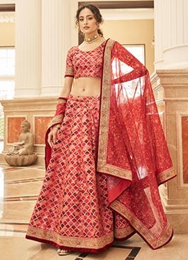 Red Embroidery Sequins Printed Work Art Silk Umbrella Lehenga