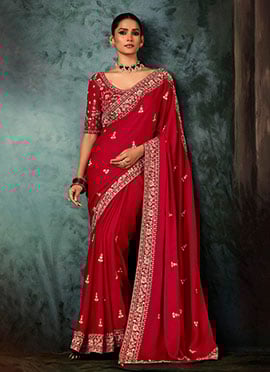 Red Fancy Silk Zari Embroidered Sequins Stones Saree