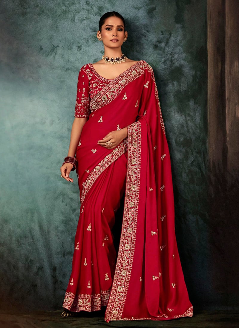Red Fancy Silk Zari Embroidered Sequins Stones Saree Wedding Wear