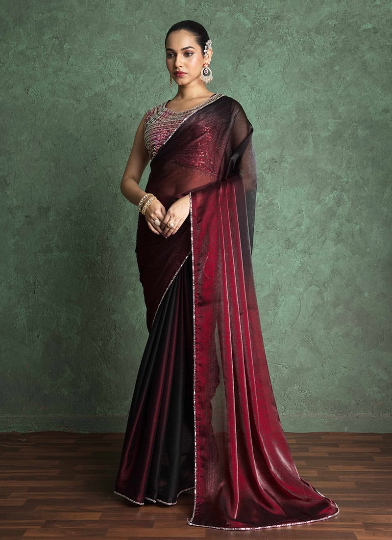 Red Fandy Chiffon Embroidered Cutdana Saree Border Festive Wear